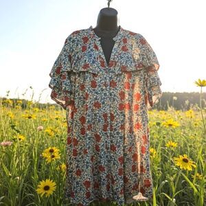 SPELL Village Ruffle Mini Shift Dress Organic Cotton Size M Swing tiny Buttons